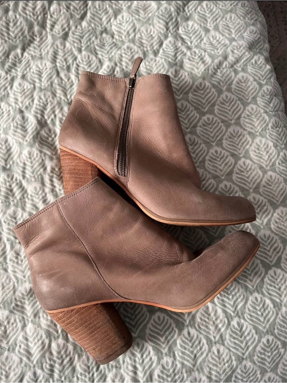 Women's Neutral Taupe Leather Ankle Booties with Stacked Heel